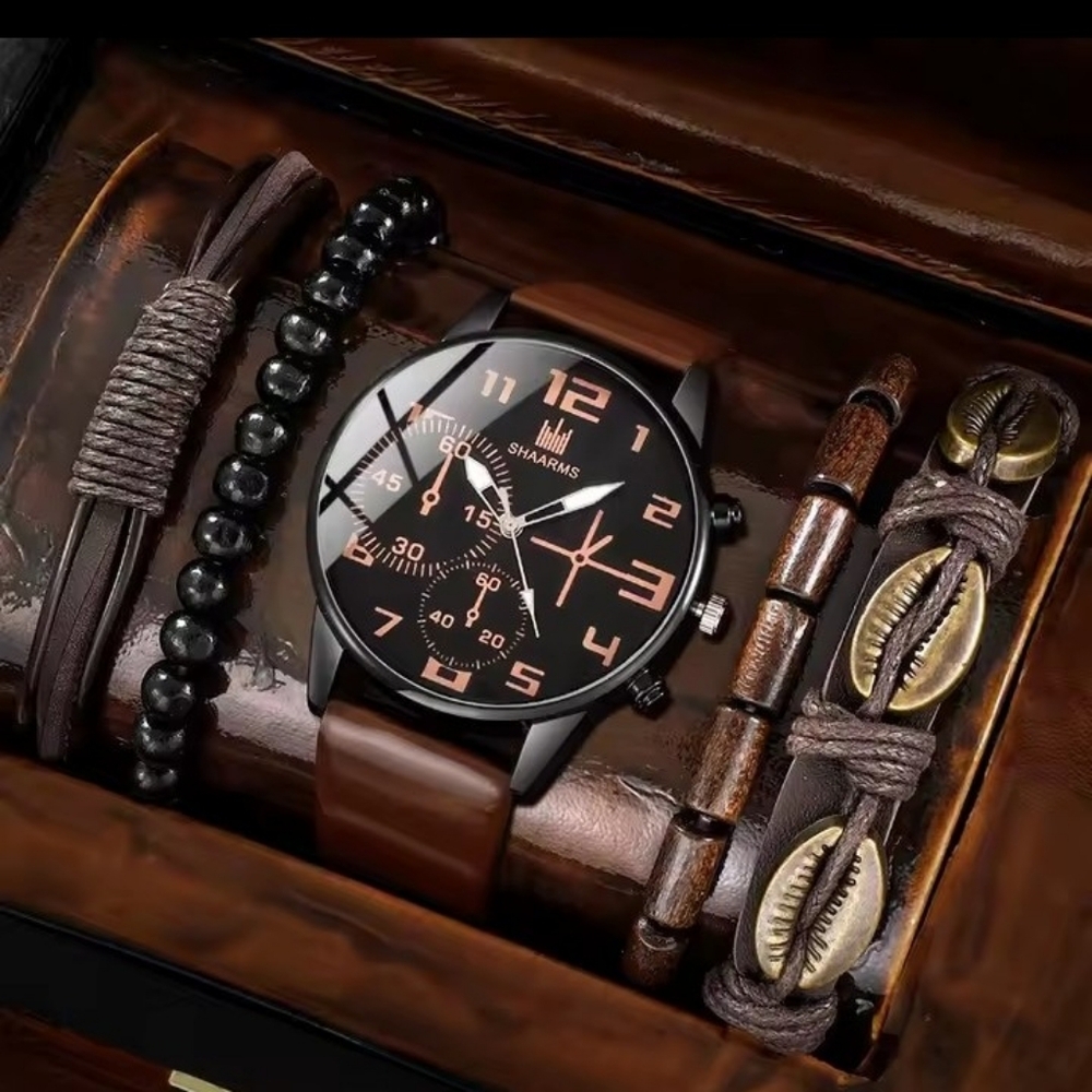 Men's Watch Bracelet Set Leather Layered Brown NEW‎ f49